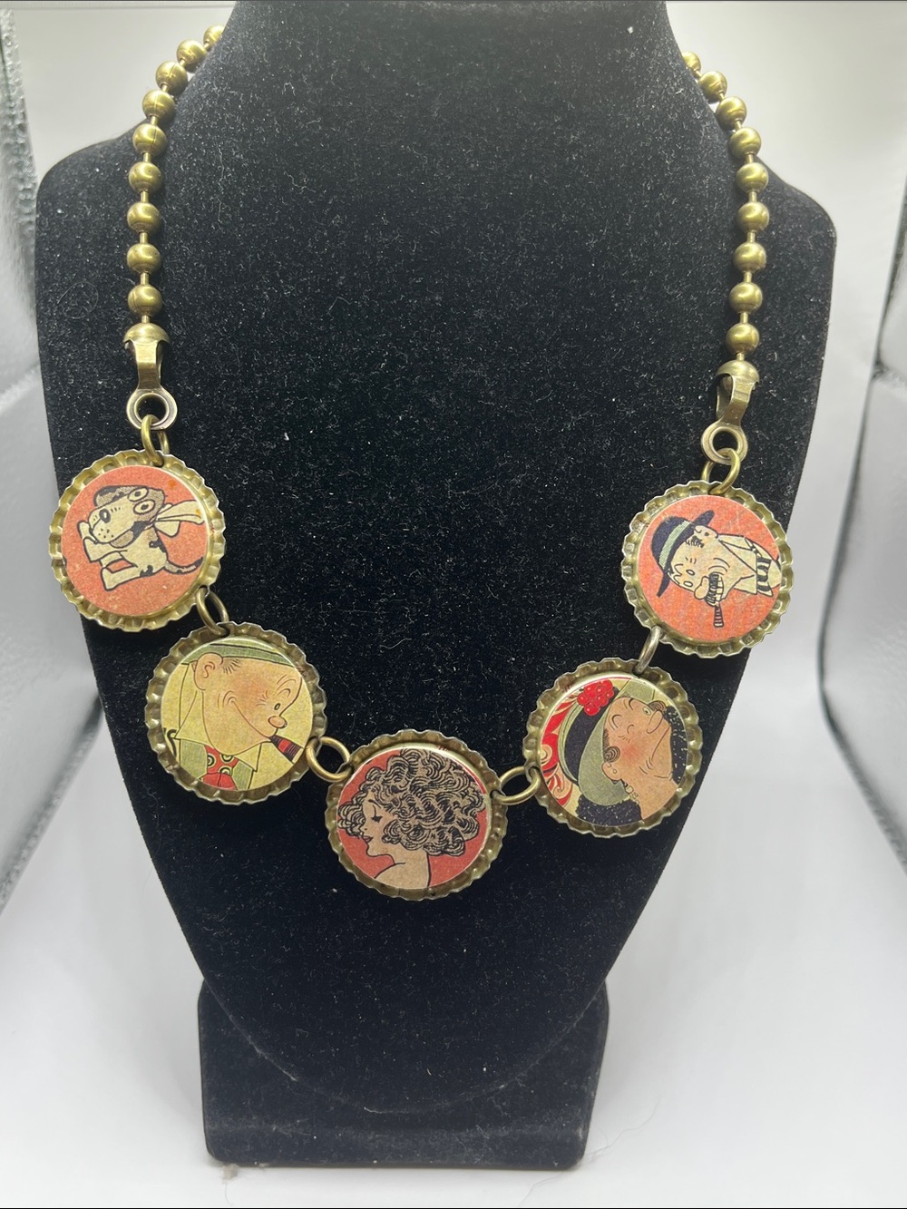 Artisan Portrait Bottlecap Necklace in Red and Gold